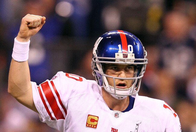 INDIANAPOLIS, IN - FEBRUARY 05:  Eli Manning #10 of the New York Giants reacts in the first half while taking on the New England Patriots during Super Bowl XLVI at Lucas Oil Stadium on February 5, 2012 in Indianapolis, Indiana. Manning, named MVP, led the Giants to a 21-17 victory.  (Photo by Al Bello/Getty Images)