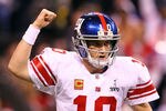 INDIANAPOLIS, IN - FEBRUARY 05:  Eli Manning #10 of the New York Giants reacts in the first half while taking on the New England Patriots during Super Bowl XLVI at Lucas Oil Stadium on February 5, 2012 in Indianapolis, Indiana. Manning, named MVP, led the Giants to a 21-17 victory.  (Photo by Al Bello/Getty Images)