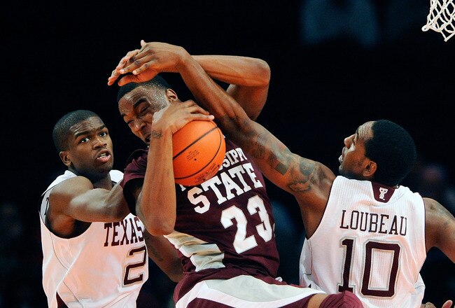 NEW YORK, NY - NOVEMBER 17:  Arnett Moultrie #23 of the Mississippi State Bulldogs battles for a rebound against Naji Hibbert #2 and David Loubeau #10 of the Texas A&M Aggies during the 2K Sports Classic Benefiting Coaches Vs Cancer at Madison Square Garden on November 17, 2011 in New York City.  (Photo by Patrick McDermott/Getty Images)