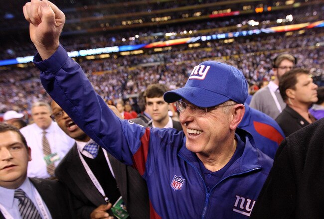 INDIANAPOLIS, IN - FEBRUARY 05:  Head coach Tom Coughlin of the New York Giants celebrates on the field after defeating the New England Patriots in Super Bowl XLVI at Lucas Oil Stadium on February 5, 2012 in Indianapolis, Indiana. The New York Giants defeated the New England Patriots 21-17.  (Photo by Jamie Squire/Getty Images)