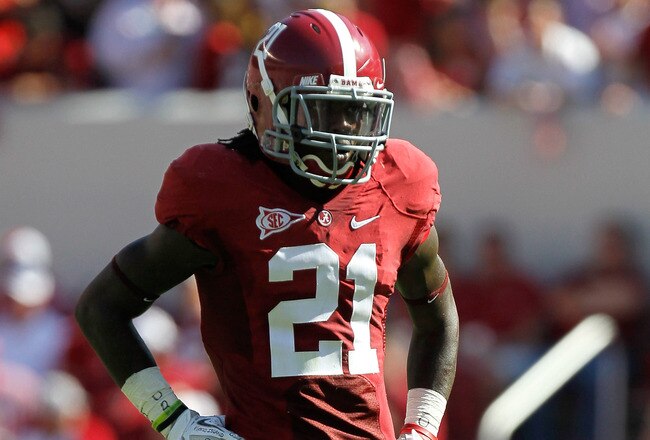 TUSCALOOSA, AL - SEPTEMBER 24:  Dre Kirkpatrick #21 of the Alabama Crimson Tide against the Arkansas Razorbacks at Bryant-Denny Stadium on September 24, 2011 in Tuscaloosa, Alabama.  (Photo by Kevin C. Cox/Getty Images)