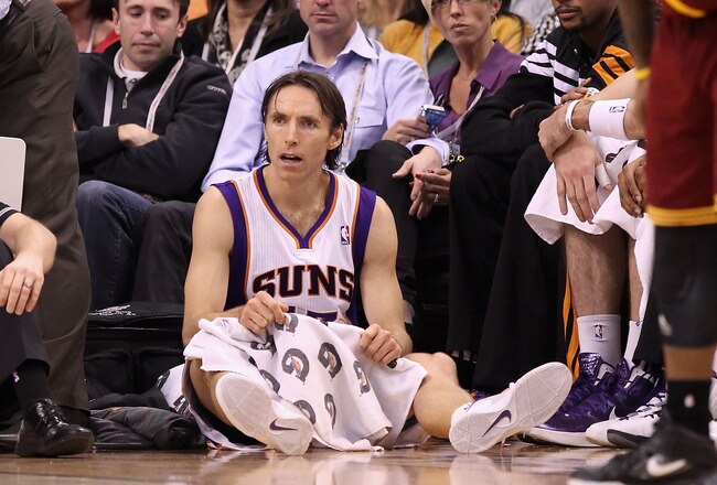 PHOENIX, AZ - JANUARY 12:  Steve Nash #13 of the Phoenix Suns during the NBA game against the Cleveland Cavaliers at US Airways Center on January 12, 2012 in Phoenix, Arizona.  NOTE TO USER: User expressly acknowledges and agrees that, by downloading and or using this photograph, User is consenting to the terms and conditions of the Getty Images License Agreement.  (Photo by Christian Petersen/Getty Images)