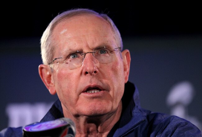 INDIANAPOLIS, IN - FEBRUARY 01:  Head coach Tom Coughlin of the New York Giants answers questions from the press during a media availability session for Super Bowl XLVI at the Indianapolis Downtown Marriott on February 1, 2012 in Indianapolis, Indiana.  (Photo by Andy Lyons/Getty Images)