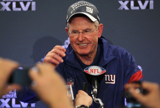 INDIANAPOLIS, IN - FEBRUARY 05:  Head coach Tom Coughlin of the New York Giants speaks to the media after defeating the New England Patriots in Super Bowl XLVI at Lucas Oil Stadium on February 5, 2012 in Indianapolis, Indiana. The New York Giants defeated the New England Patriots 21-17.  (Photo by Jamie Squire/Getty Images)