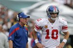 PHILADELPHIA, PA - SEPTEMBER 25:  Quarterback  Eli Manning #10 of the New York Giants talks with head coach Tom Coughlin during the second half against the Philadelphia Eagles at Lincoln Financial Field on September 25, 2011 in Philadelphia, Pennsylvania. The Giants defeated the Eagles 29-16.  (Photo by Rob Carr/Getty Images)