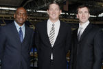 DETROIT , MI - JANUARY 16:  Jim Schwartz, center, head coach of the Detroit Lions poses with General Manager Martin Mayhew, left, and Tom Lewand team president after a press conference to introduce him as the Lions new head coach on January 16, 2009 at Ford Field in Detroit, Michigan.  (Photo by Gregory Shamus/Getty Images)
