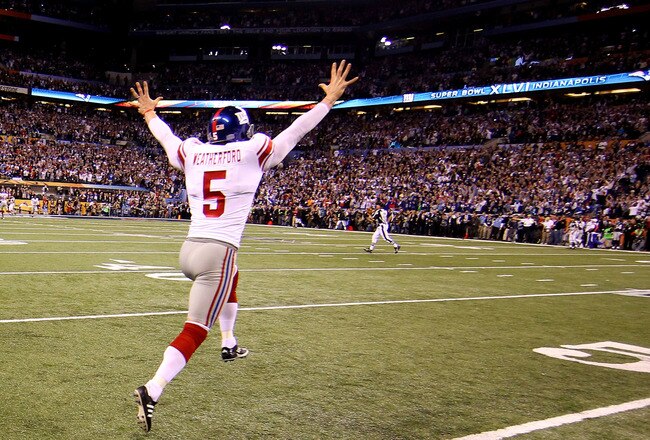 INDIANAPOLIS, IN - FEBRUARY 05:  Steve Weatherford #5 of the New York Giants celebrates after the Giants defeated the New England Patriots 21-17 to win Super Bowl XLVI at Lucas Oil Stadium on February 5, 2012 in Indianapolis, Indiana.  (Photo by Ezra Shaw/Getty Images)