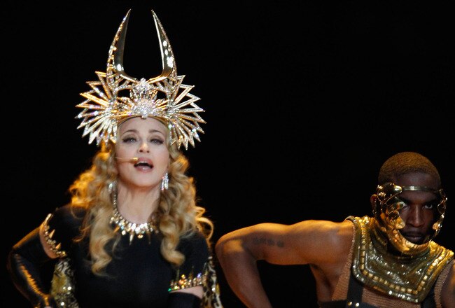 INDIANAPOLIS, IN - FEBRUARY 05:  Singer Madonna performs during the Bridgestone Super Bowl XLVI Halftime Show at Lucas Oil Stadium on February 5, 2012 in Indianapolis, Indiana.  (Photo by Rob Carr/Getty Images)
