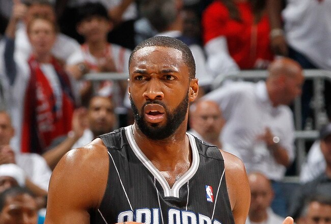 ATLANTA, GA - APRIL 28:  Gilbert Arenas #1 of the Orlando Magic against the Atlanta Hawks during Game Six of the Eastern Conference Quarterfinals in the 2011 NBA Playoffs at Philips Arena on April 28, 2011 in Atlanta, Georgia.  NOTE TO USER: User expressly acknowledges and agrees that, by downloading and or using this photograph, User is consenting to the terms and conditions of the Getty Images License Agreement.  (Photo by Kevin C. Cox/Getty Images)