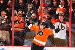 PHILADELPHIA, PA - JANUARY 05:  James van Riemsdyk #21 of the Philadelphia Flyers celebrates the game winning goal against the Chicago Blackhawks in the final seconds of the third period on January 5, 2012 at The Wells Fargo Center in Philadelphia, Pennsylvania.  (Photo by Al Bello/Getty Images)