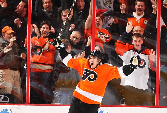 PHILADELPHIA, PA - JANUARY 05:  James van Riemsdyk #21 of the Philadelphia Flyers celebrates the game winning goal against the Chicago Blackhawks in the final seconds of the third period on January 5, 2012 at The Wells Fargo Center in Philadelphia, Pennsylvania.  (Photo by Al Bello/Getty Images)