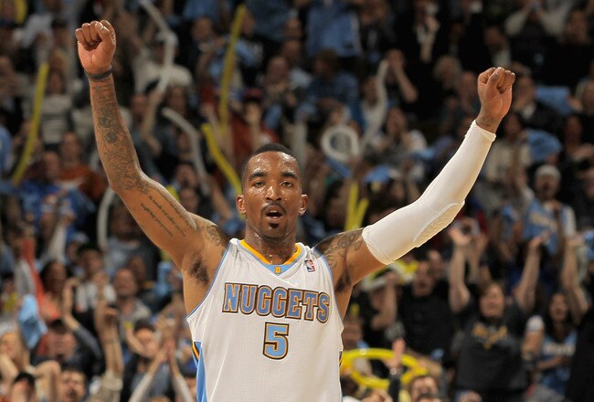 DENVER, CO - APRIL 25:  J.R. Smith #5 of the Denver Nuggets reacts after scoring against the Oklahoma City Thunder in Game Four of the Western Conference Quarterfinals in the 2011 NBA Playoffs on April 24, 2011 at the Pepsi Center in Denver, Colorado. NOTE TO USER: User expressly acknowledges and agrees that, by downloading and or using this photograph, User is consenting to the terms and conditions of the Getty Images License Agreement.  (Photo by Doug Pensinger/Getty Images)