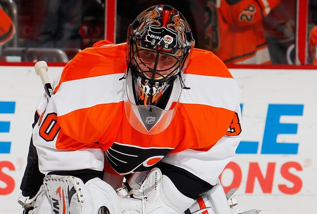 PHILADELPHIA, PA - JANUARY 31:  Goalie Ilya Bryzgalov #31 of the Philadelphia Flyers skates during practice before an NHL hockey game against the Winnipeg Jets at Wells Fargo Center on January 31, 2012 in Philadelphia, Pennsylvania.  (Photo by Paul Bereswill/Getty Images)