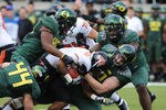 EUGENE, OR - NOVEMBER 26: Running back Jovan Stevenson #19 of the Oregon State Beavers is gang tackled by defensive end Brandon Hanna #44, defensive end Terrell Turner #45 o and defensive tackle Taylor Hart #66 of the Oregon Ducks in the second quarter of the game at Autzen Stadium on November 26, 2011 in Eugene, Oregon. (Photo by Steve Dykes/Getty Images)