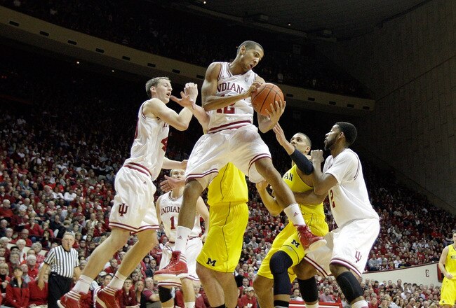 BLOOMINGTON, IN - JANUARY 05:  Verdell Jones III #12 of the Indiana Hoosiers grabs a rebound during the Big Ten Conference game against the Michigan Wolverines at Assembly Hall on January 5, 2012 in Bloomington, Indiana.  (Photo by Andy Lyons/Getty Images)
