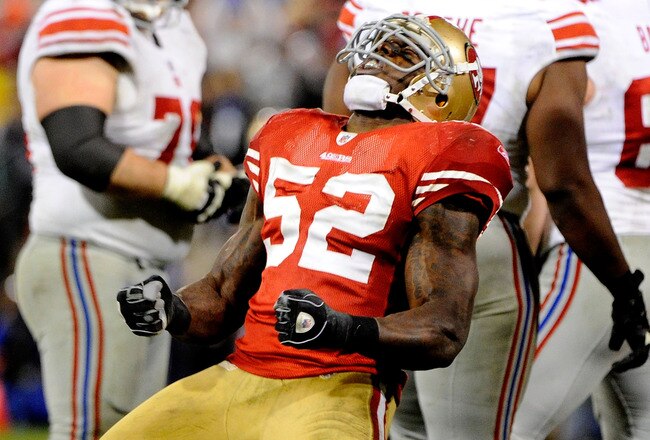 SAN FRANCISCO, CA - JANUARY 22:  Patrick Willis #52 of the San Francisco 49ers reacts after he sacked Eli Manning #10 of the New York Giants in the second half during the NFC Championship Game at Candlestick Park on January 22, 2012 in San Francisco, California.  (Photo by Thearon W. Henderson/Getty Images)