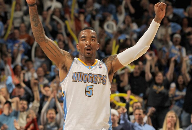 DENVER, CO - APRIL 25:  J.R. Smith #5 of the Denver Nuggets reacts after scoring against the Oklahoma City Thunder in Game Four of the Western Conference Quarterfinals in the 2011 NBA Playoffs on April 24, 2011 at the Pepsi Center in Denver, Colorado. NOTE TO USER: User expressly acknowledges and agrees that, by downloading and or using this photograph, User is consenting to the terms and conditions of the Getty Images License Agreement.  (Photo by Doug Pensinger/Getty Images)