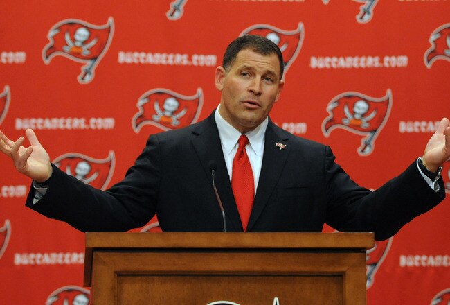 TAMPA, FL - JANUARY 27:  Coach Greg Schiano of the Tampa Bay Buccaneers speaks to the media at an introduction press conference at the team training facility January 27, 2012 in Tampa, Florida. (Photo by Al Messerschmidt/Getty Images)