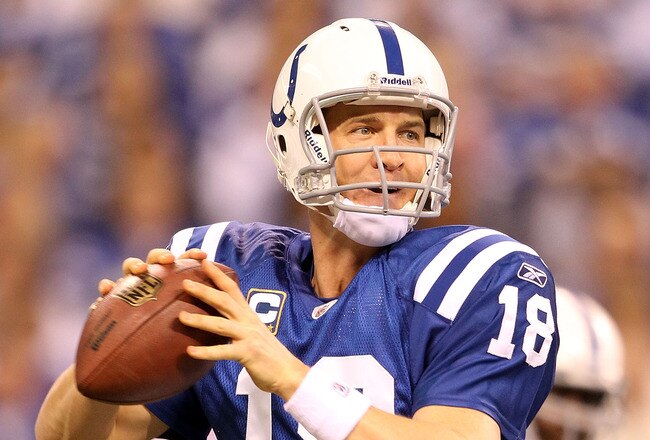 INDIANAPOLIS - JANUARY 02:  Peyton Manning #18 of the Indianapolis Colts looks to pass the ball during NFL game against the Tennessee Titans at Lucas Oil Stadium on January 2, 2011 in Indianapolis, Indiana.  (Photo by Andy Lyons/Getty Images)
