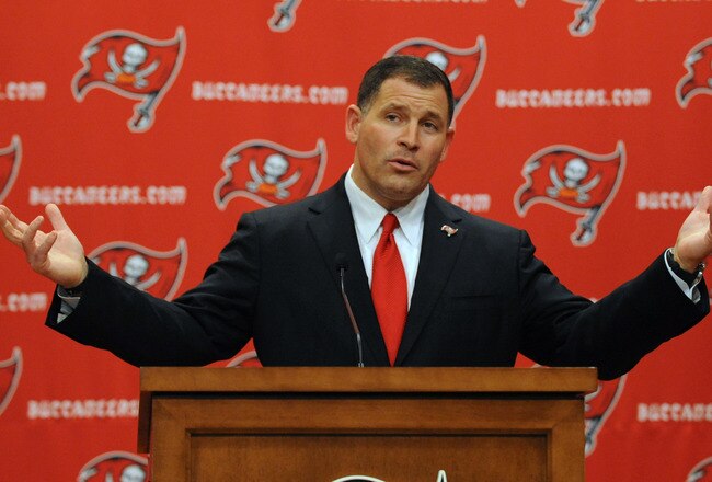 TAMPA, FL - JANUARY 27:  Coach Greg Schiano of the Tampa Bay Buccaneers speaks to the media at an introduction press conference at the team training facility January 27, 2012 in Tampa, Florida. (Photo by Al Messerschmidt/Getty Images)