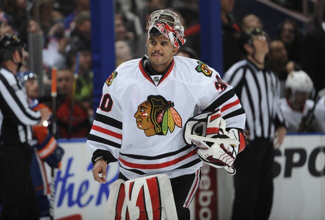 EDMONTON, CANADA - NOVEMBER 19: Ray Emery #30 of the Chicago Blackhawks during the game against the Edmonton Oilers on November 19, 2011 at Rexall Place in Edmonton, Alberta, Canada. (Photo by Dale MacMillan/Getty Images)