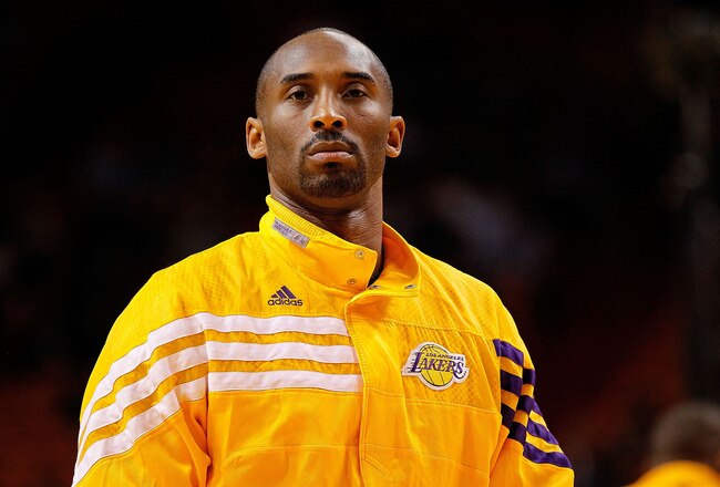 MIAMI, FL - JANUARY 19:  Kobe Bryant #24 of the Los Angeles Lakers looks on during a game against the Miami Heat at American Airlines Arena on January 19, 2012 in Miami, Florida. NOTE TO USER: User expressly acknowledges and agrees that, by downloading and/or using this Photograph, User is consenting to the terms and conditions of the Getty Images License Agreement.  (Photo by Mike Ehrmann/Getty Images)
