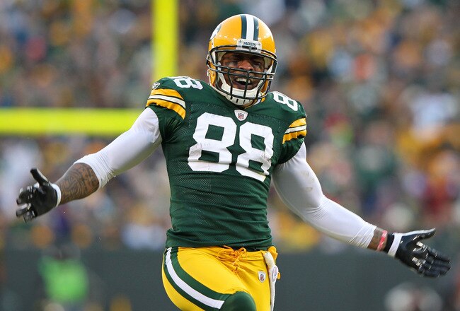 GREEN BAY, WI - JANUARY 15:   Jermichael Finley #88 of the Green Bay Packers reacts after a play against the New York Giants during their NFC Divisional playoff game at Lambeau Field on January 15, 2012 in Green Bay, Wisconsin.  (Photo by Jamie Squire/Getty Images)