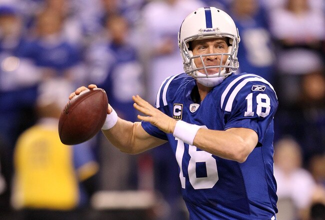 INDIANAPOLIS, IN - JANUARY 08:  Quarterback Peyton Manning #18 of the Indianapolis Colts looks to pass against the New York Jets during their 2011 AFC wild card playoff game at Lucas Oil Stadium on January 8, 2011 in Indianapolis, Indiana. The Jets won 17-16. (Photo by Andy Lyons/Getty Images)