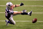 INDIANAPOLIS, IN - FEBRUARY 05:  Wes Welker #83 of the New England Patriots drops a pass in the fourth quarter against the New York Giants during Super Bowl XLVI at Lucas Oil Stadium on February 5, 2012 in Indianapolis, Indiana.  (Photo by Chris Trotman/Getty Images)