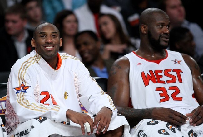 PHOENIX - FEBRUARY 15:  (L-R) Kobe Bryant #24 and Shaquille O'Neal #32 of the Western Conference sit together on the bench during the 58th NBA All-Star Game, part of 2009 NBA All-Star Weekend at US Airways Center on February 15, 2009 in Phoenix, Arizona.  NOTE TO USER: User expressly acknowledges and agrees that, by downloading and or using this photograph, User is consenting to the terms and conditions of the Getty Images License Agreement.  (Photo by Ronald Martinez/Getty Images)