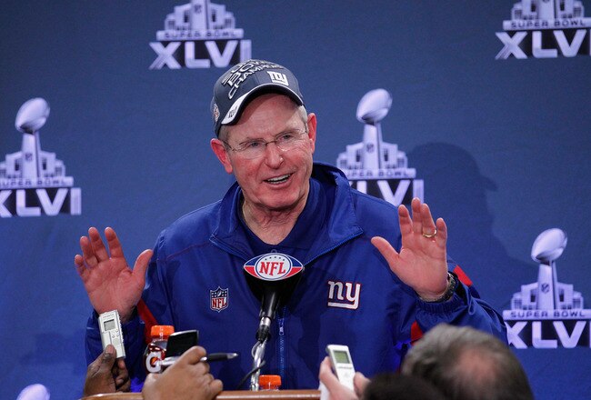 INDIANAPOLIS, IN - FEBRUARY 05:  Head coach Tom Coughlin of the New York Giants talks with the media in a post game press conference after defeating the New England Patriots 21-17 during Super Bowl XLVI at Lucas Oil Stadium on February 5, 2012 in Indianapolis, Indiana.  (Photo by Rob Carr/Getty Images)