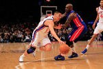 NEW YORK, NY - JANUARY 31:  Jeremy Lin #17 of the New York Knicks drives past Detroit Pistons Walker Russell #23 of the Detroit Pistons at Madison Square Garden on January 31, 2012 in New York City.  NOTE TO USER: User expressly acknowledges and agrees that, by downloading and or using this photograph, User is consenting to the terms and conditions of the Getty Images License Agreement. (Photo by Chris Trotman/Getty Images)