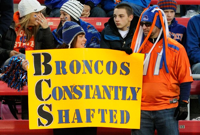 LAS VEGAS, NV - DECEMBER 22:  Fans of the Boise State Broncos hold a sign before the team played the Arizona State Sun Devils in the MAACO Bowl Las Vegas at Sam Boyd Stadium December 22, 2011 in Las Vegas, Nevada. Boise State won 56-24.  (Photo by Ethan Miller/Getty Images)
