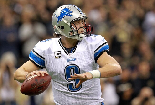 NEW ORLEANS, LA - JANUARY 07:  Matthew Stafford #9 of the Detroit Lions drops back to pass against the New Orleans Saints during their 2012 NFC Wild Card Playoff game at Mercedes-Benz Superdome on January 7, 2012 in New Orleans, Louisiana.  (Photo by Ronald Martinez/Getty Images)