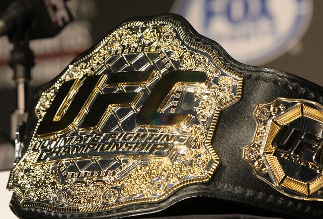 HOLLYWOOD, CA - SEPTEMBER 20:  A detailed view of the UFC Championship belt prior to the UFC on Fox: Velasquez v Dos Santos - Press Conference at W Hollywood on September 20, 2011 in Hollywood, California.  (Photo by Victor Decolongon/Getty Images)