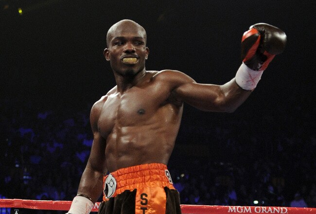 LAS VEGAS, NV - NOVEMBER 12:  Timothy Bradley celebrates after knocking down Joel Casamayor before Casamayor's trainer Miguel Diaz stopped the right in the eighth round in their WBO junior welterweight title fight at the MGM Grand Garden Arena on November 12, 2011 in Las Vegas, Nevada.  (Photo by Harry How/Getty Images)