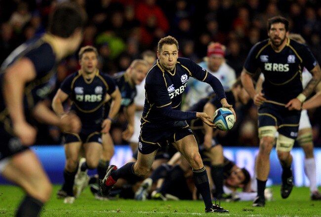 EDINBURGH, SCOTLAND - FEBRUARY 04:  Dan Parks of Scotland passes the ball during the RBS Six Nations match between Scotland and England at Murrayfield Stadium on February 4, 2012 in Edinburgh, Scotland.  (Photo by David Rogers/Getty Images)
