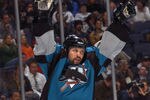 WASHINGTON, D.C. - NOVEMBER 19:  Right wing Owen Nolan #11 of the San Jose Sharks celebrates a goal against the Washington Capitals during the NHL game at the MCI Center on November 19, 2002 in Washington D.C.  The Sharks won 3-2.  (Photo by Doug Pensinger/Getty Images/NHLI)