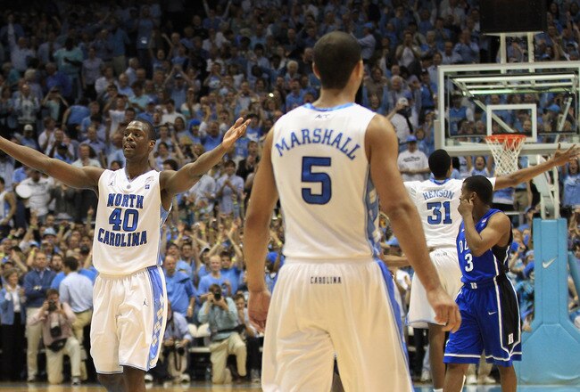 CHAPEL HILL, NC - MARCH 05:  Harrison Barnes #40 of the North Carolina Tar Heels celebrates winning the ACC Regular Season Championship as they defeated the Duke Blue Devils 81-67 at the Dean E. Smith Center on March 5, 2011 in Chapel Hill, North Carolina.  (Photo by Streeter Lecka/Getty Images)