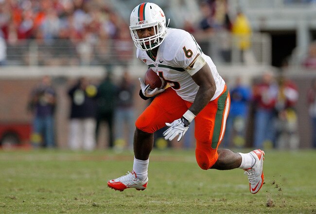 TALLAHASSEE, FL - NOVEMBER 12: Lamar Miller #6 of the Miami Hurricanes rushes during a game  against the Florida State Seminoles at Doak Campbell Stadium on November 12, 2011 in Tallahassee, Florida.  (Photo by Mike Ehrmann/Getty Images)