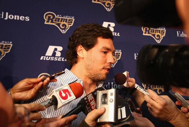 EARTH CITY, MMO - JANUARY 17: St. Louis Rams quarterback Sam Bradford addresses the media during a press conference to introduce new head coach Jeff Fisher at the Russell Training Center on January 17, 2012 in Earth City, Missouri.  (Photo by Dilip Vishwanat/Getty Images)