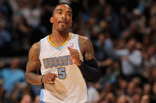 DENVER, CO - APRIL 23:  J.R. Smith #5 of the Denver Nuggets celebrates a three point shot against the Oklahoma City Thunder in Game Three of the Western Conference Quarterfinals in the 2011 NBA Playoffs on April 23, 2011 at the Pepsi Center in Denver, Colorado. NOTE TO USER: User expressly acknowledges and agrees that, by downloading and or using this photograph, User is consenting to the terms and conditions of the Getty Images License Agreement.  (Photo by Doug Pensinger/Getty Images)