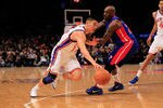 NEW YORK, NY - JANUARY 31:  Jeremy Lin #17 of the New York Knicks drives past Detroit Pistons Walker Russell #23 of the Detroit Pistons at Madison Square Garden on January 31, 2012 in New York City.  NOTE TO USER: User expressly acknowledges and agrees that, by downloading and or using this photograph, User is consenting to the terms and conditions of the Getty Images License Agreement. (Photo by Chris Trotman/Getty Images)