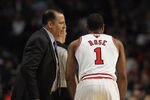 CHICAGO, IL - JANUARY 23:  Head coach Tom Thibodeau of the Chicago Bulls gives instructions to Derrick Rose #1 during a game against the New Jersey Nets at the United Center on January 23, 2012 in Chicago, Illinois. The Bulls defeated the Nets 110-95. NOTE TO USER: User expressly acknowledges and agrees that, by downloading and or using this photograph, User is consenting to the terms and conditions of the Getty Images License Agreement.  (Photo by Jonathan Daniel/Getty Images)