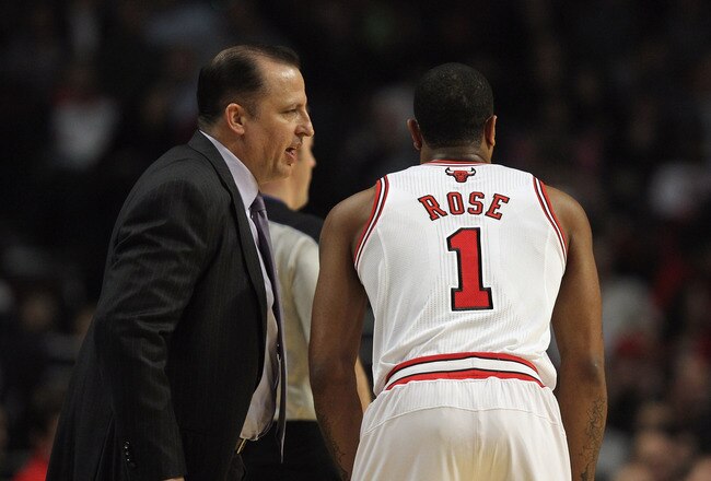 CHICAGO, IL - JANUARY 23:  Head coach Tom Thibodeau of the Chicago Bulls gives instructions to Derrick Rose #1 during a game against the New Jersey Nets at the United Center on January 23, 2012 in Chicago, Illinois. The Bulls defeated the Nets 110-95. NOTE TO USER: User expressly acknowledges and agrees that, by downloading and or using this photograph, User is consenting to the terms and conditions of the Getty Images License Agreement.  (Photo by Jonathan Daniel/Getty Images)