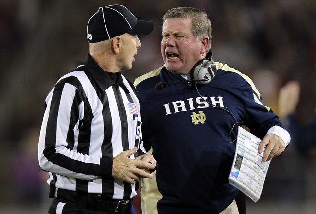 STANFORD, CA - NOVEMBER 26:  Notre Dame Fighting Irish head coach Brian Kelly argues a call with side judge Glenn Crowther during their game against the Stanford Cardinal at Stanford Stadium on November 26, 2011 in Stanford, California.  (Photo by Ezra Shaw/Getty Images)