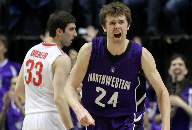 INDIANAPOLIS, IN - MARCH 11:  John Shurna #24 of the Northwestern Wildcats reacts against the Ohio State Buckeyes during the quarterfinals of the 2011 Big Ten Men's Basketball Tournament at Conseco Fieldhouse on March 11, 2011 in Indianapolis, Indiana.  (Photo by Andy Lyons/Getty Images)