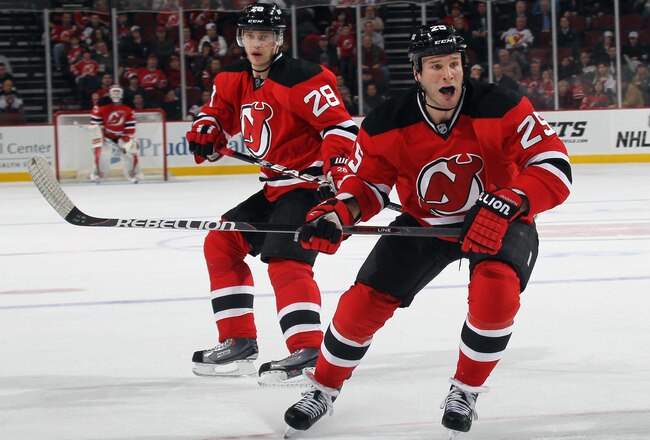 NEWARK, NJ - NOVEMBER 02:  Cam Janssen #25 of the New Jersey Devils skates against the Toronto Maple Leafs at the Prudential Center on November 2, 2011 in Newark, New Jersey. The Leafs defeated the Devils 5-3.  (Photo by Bruce Bennett/Getty Images)