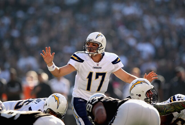 OAKLAND, CA - JANUARY 01:  Philip Rivers #17 of the San Diego Chargers in action against the Oakland Raiders at O.co Coliseum on January 1, 2012 in Oakland, California.  (Photo by Ezra Shaw/Getty Images)