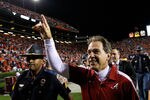 AUBURN, AL - NOVEMBER 26:  Head coach Nick Saban of the Alabama Crimson Tide celebrates their 42-14 win over the Auburn Tigers at Jordan-Hare Stadium on November 26, 2011 in Auburn, Alabama.  (Photo by Kevin C. Cox/Getty Images)